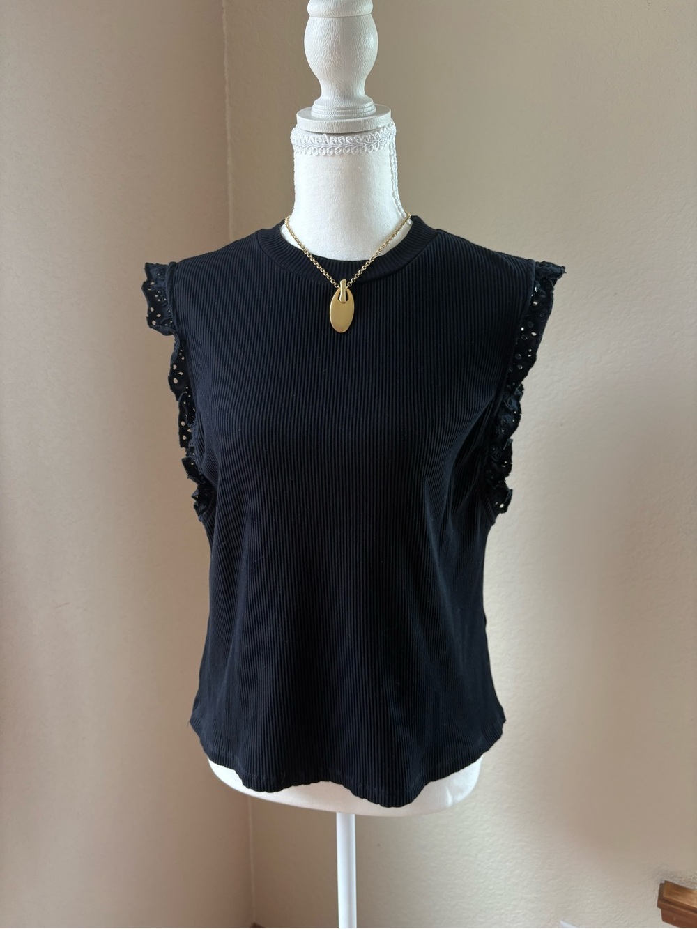 Nanette Lepore Black Ribbed Crewneck Top